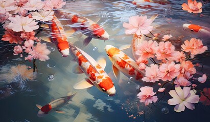 Koi fishes swimming in a koi fish pond created with AI
