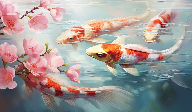 Koi fishes swimming in a koi fish pond created with AI
