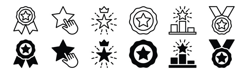 Ranking icons set. Rank icon in thin line and flat style. Medal, stars, award, champion, winner, victory, success, prize, celebration, podium, badge icon symbol. Editable stroke. Vector illustration