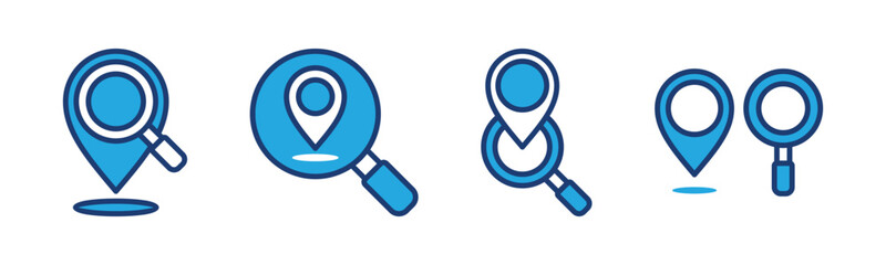 Local SEO icons set. Map pin location, place marker, pointer, GPS with magnifying glass icon symbol in thin line and flat style. Vector illustration