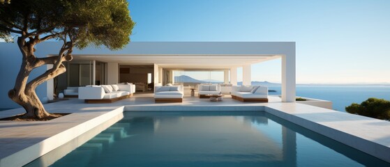 Fototapeta premium Building Exterior luxury of living room with sea view by generative AI illustration.