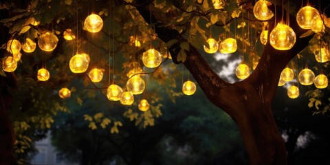 Hanging light bulbs, warm colors, hanging on a tree created with AI