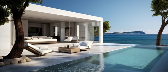 Building Exterior luxury of living room with sea view by generative AI illustration.