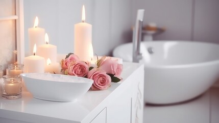 Obraz na płótnie Canvas Candles with rose flowers in the bathroom