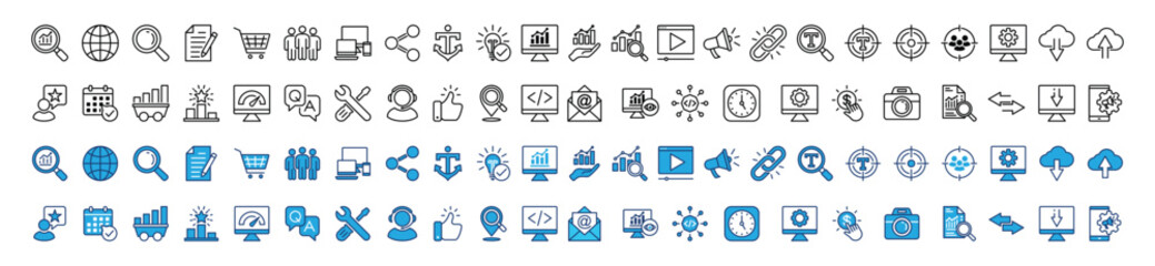 SEO line icons set. Search Engine Optimization icon symbol collection. Search, analytics, marketing, analysis, traffic, link, development, optimization, websites, social media, business, and other