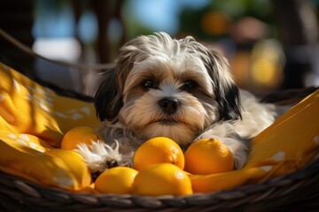 Dog Laid-Back Shih Tzu Unwinding on Vacation on the beach. Generative AI