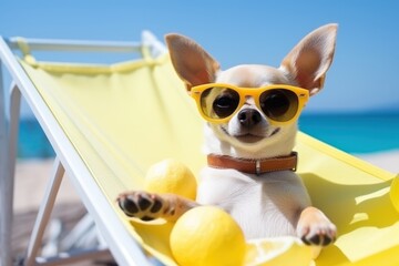 Dog Laid-Back Chihuahua Unwinding on Vacation on the beach. Generative AI