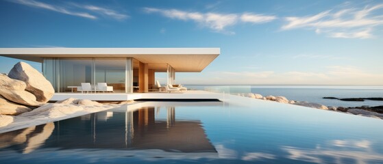 Fototapeta premium Building Exterior luxury of living room with sea view by generative AI illustration.