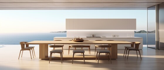 Building Exterior luxury of kitchen room with sea view by generative AI illustration.