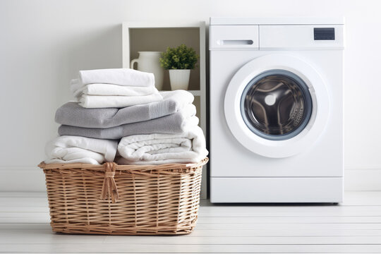 Washing machine and basket with towels in a laundry room