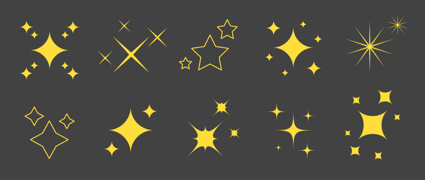 Gold sparkles and stars set. Yellow twinkles and sparks collection. Christmas and New Year decoration elements pack. Vector illustration bundle 