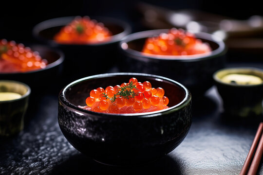 Salmon roe served on a small bowl 