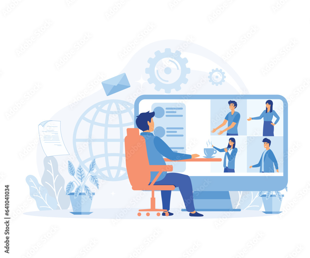 Aufkleber video conferencing and online communication concept. people group on computer screen taking with col