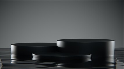 Black display stand in water lit by studio lights From design with 3D rendering. 3D backdrop, 3d podium.