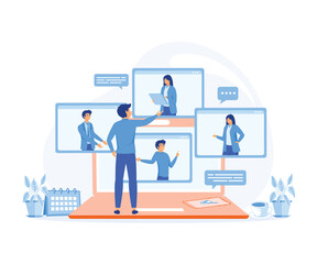 Online Discussion and Video Conference Concept. People Character working Remote at Home and using Laptop for Video Meeting with Colleagues. flat vector modern illustration 