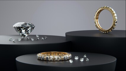Gold diamond rings and diamonds of different sizes on a black product display. Designed with 3D rendering.