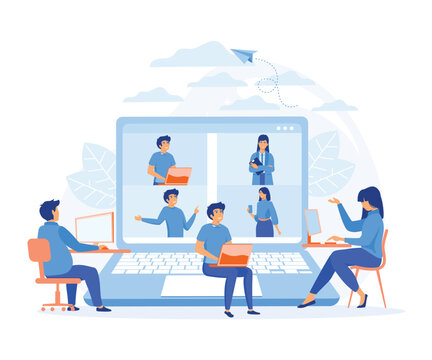 Online business conference, online joint meeting, team thinking and brainstorming. flat vector modern illustration 