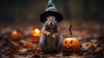 Foto op Plexiglas a photograph of cute squirrel use witch hat for halloween celebration generative ai © Leaf