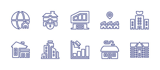 Real estate line icon set. Editable stroke. Vector illustration. Containing house, home, green city, cottage, wooden house, graph, buildings, eviction, world map.