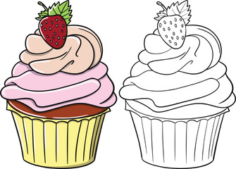 Strawberry cupcake. Valentine's Day. Coloring book for kids. Activity Book.