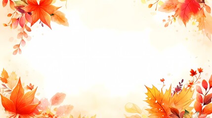 秋の紅葉の背景イラスト、カエデの葉と木の実の水彩フレーム