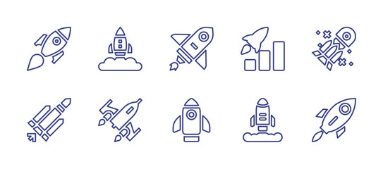 Rocket line icon set. Editable stroke. Vector illustration. Containing spaceship, rocket, startup, high, rocket ship, rocket launch, project launch.