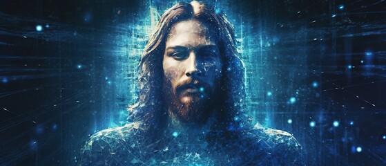 Abstract image of Jesus Christ, blue, futuristic background, Generative ai - obrazy, fototapety, plakaty