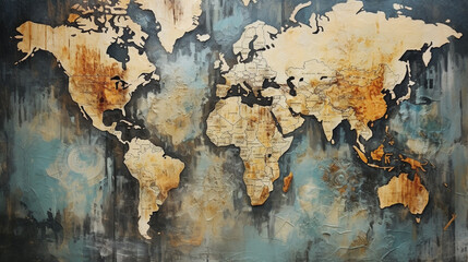 A world map, a masterpiece of mixed-media art: collages of texture, color, and imagination. A creative ode to Earth's diversity and unity.