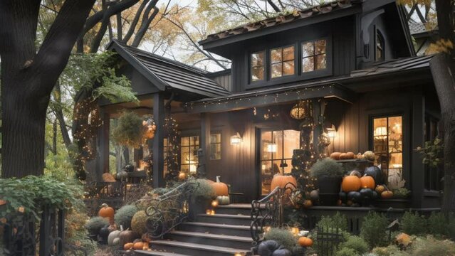 Spooky Halloween Scene with a beautiful home decorated for the holiday with a creepy mist coming across the scene