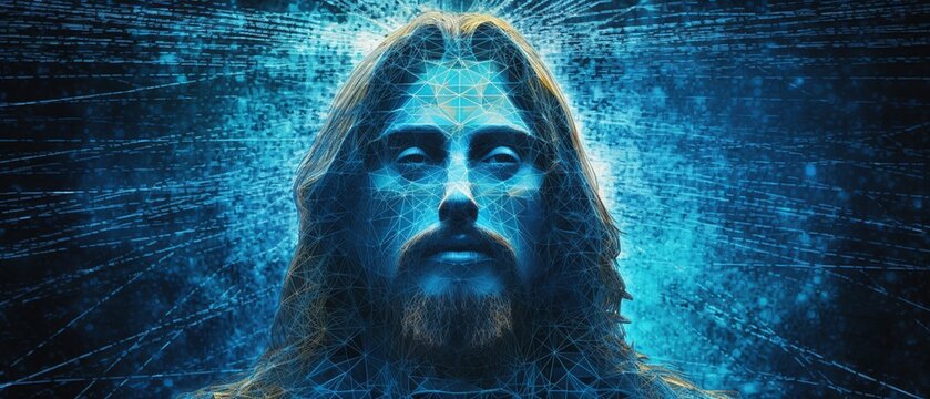 Abstract image of Jesus Christ, blue, futuristic background, Generative ai