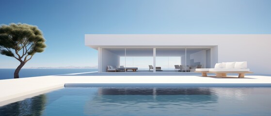 Fototapeta premium Building Exterior luxury of living room with sea view by generative AI illustration.