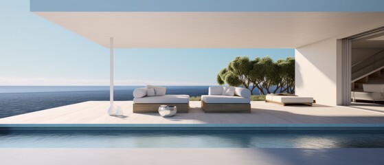 Fototapeta premium Building Exterior luxury of living room with sea view by generative AI illustration.