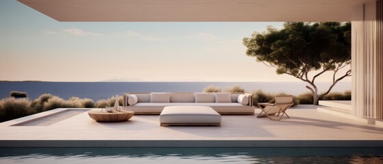 Fototapeta premium Building Exterior luxury of living room with sea view by generative AI illustration.