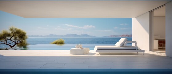 Fototapeta premium Building Exterior luxury of living room with sea view by generative AI illustration.