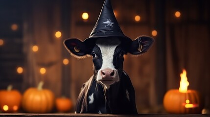 a photograph of cute cow use witch hat for halloween celebration generative ai