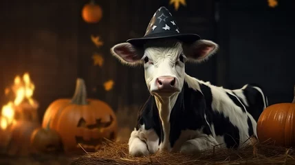 Tuinposter a photograph of cute cow use witch hat for halloween celebration generative ai © Leaf