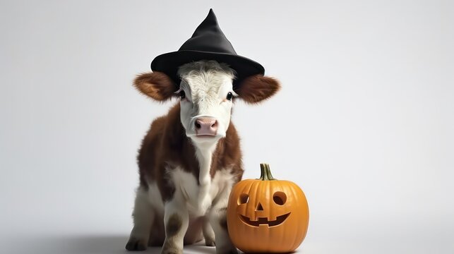 a photograph of cute cow use witch hat for halloween celebration generative ai