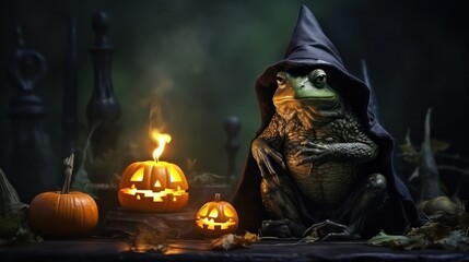 a photograph of cute frog use witch hat for halloween celebration generative ai