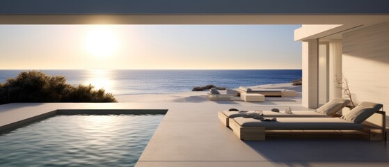 Building Exterior luxury of living room with sea view by generative AI illustration.