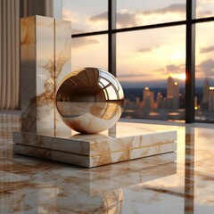 3d marble lampshade on a table with a white mirror, in the style of nature morte, blocky, golden light, photorealistic pastiche, cubo-futurism