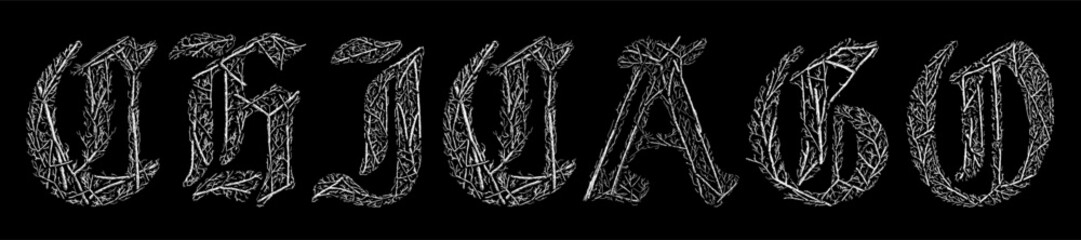 Chicago word with branches hand drawing vector isolated on black background.
