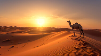 夕暮れの砂漠とラクダのいる風景