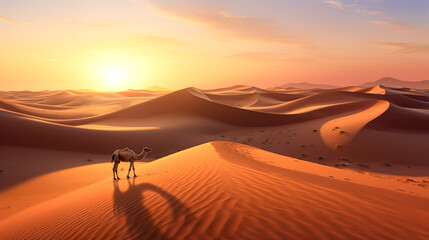 Fototapeta na wymiar 夕暮れの砂漠とラクダのいる風景