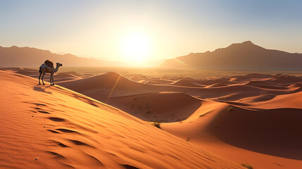 夕暮れの砂漠とラクダのいる風景