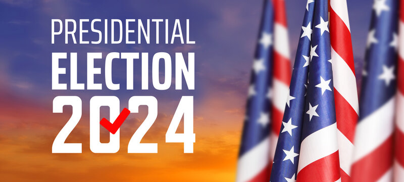 United States presidential election in 2024. USA flag on sunset background. 3d illustration.