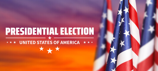 United States presidential election in 2024. USA flag on sunset background. 3d illustration. - obrazy, fototapety, plakaty