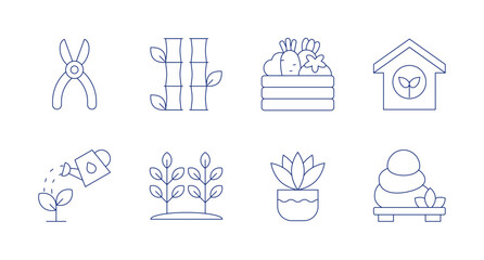 Gardening icons. editable stroke. Containing bamboo, farm, crate, fern, horticulture, lithotherapy, secateurs, water.