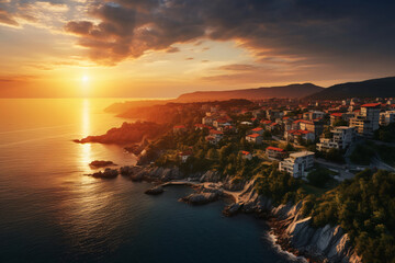 A breathtaking aerial view of a coastal city during sunset, with the golden hues of the sun reflecting off the buildings and the sea.