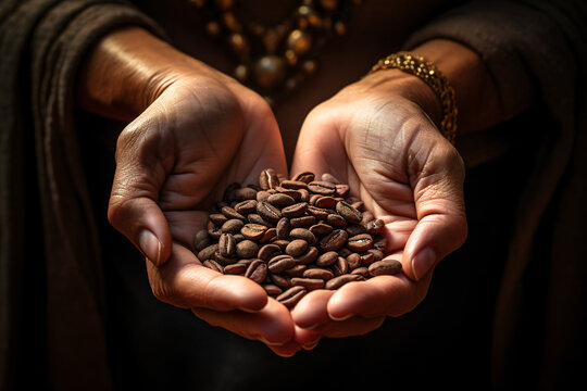 Close up of an old man's hands holding roasted coffee beans