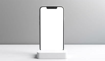 Smartphone Mockup On Stand Holder Against grey white Background.